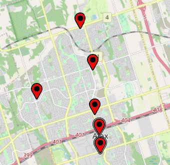 Map with marker pins on it.